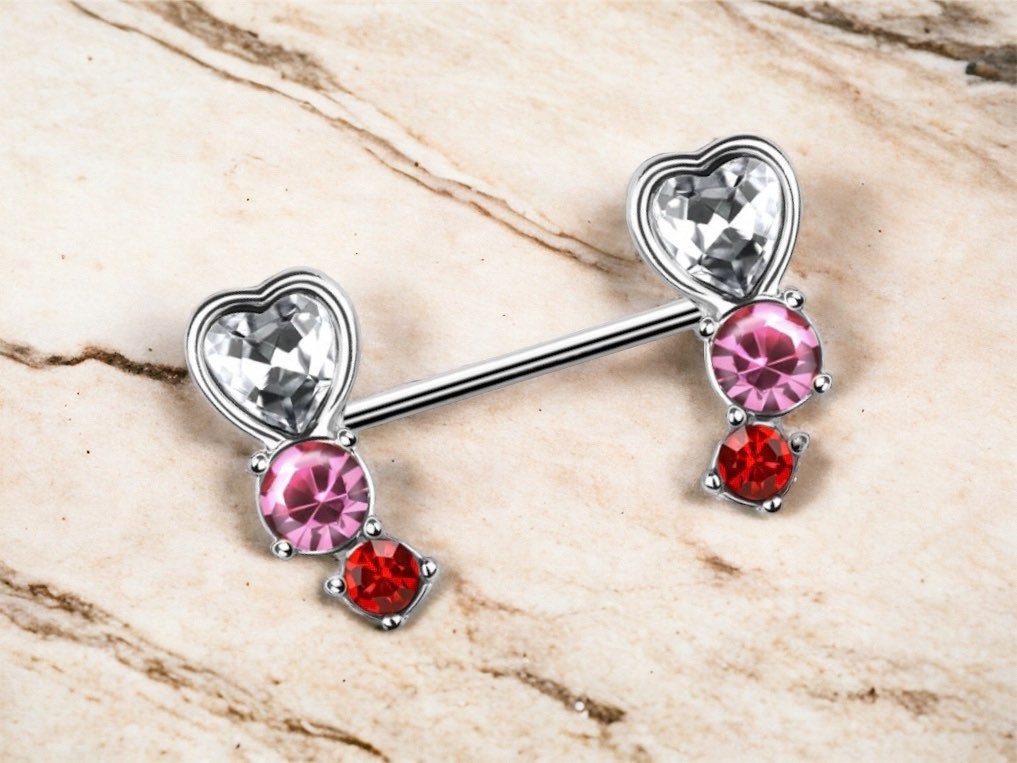 Pair of 14G Clear Pink Red Gem Heart Gem Nipple Barbell