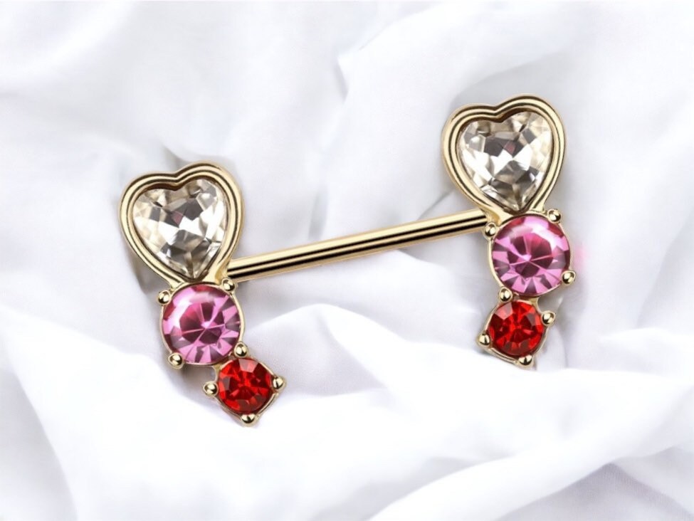 Gold Clear Pink Red Gem Heart Gem Nipple Jewelry Barbell