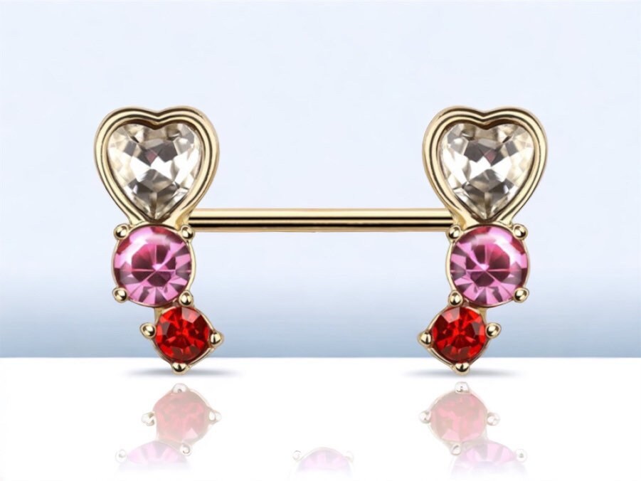 Gold Clear Pink Red Gem Heart Gem Nipple Jewelry Barbell