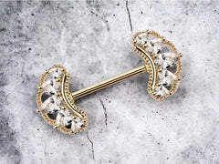 Pair of 14G Gold Clear Gem Decor Fan Nipple Barbell. Nipple Rings. Nipple Piercing. Nipple Jewelry