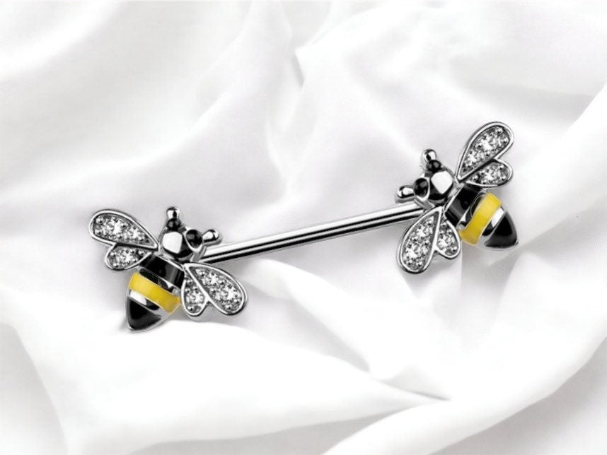 Silver Bees with Clear Gems Nipple Jewelry Barbells