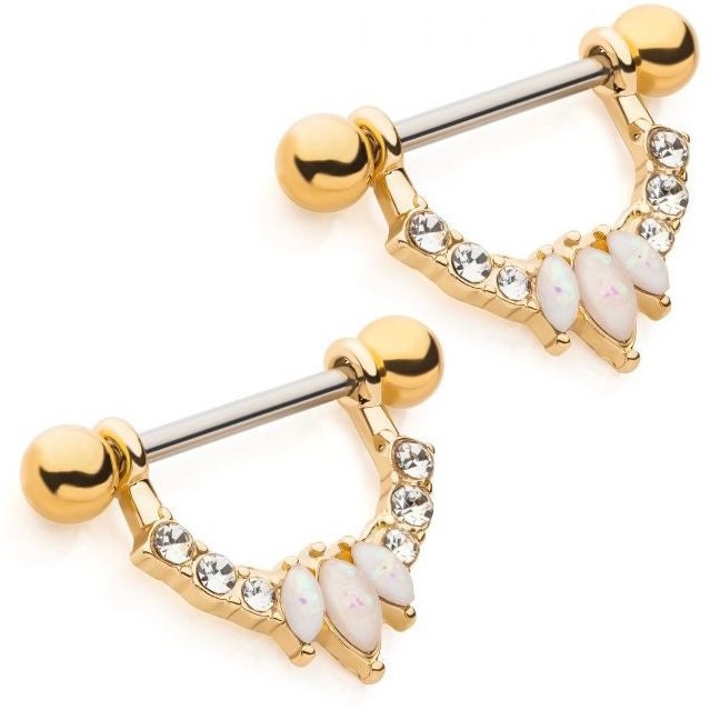 14G Gold Round Gems White Opal Marquise Nipple Barbell Jewelry. Nipple Rings. Nipple Piercing.