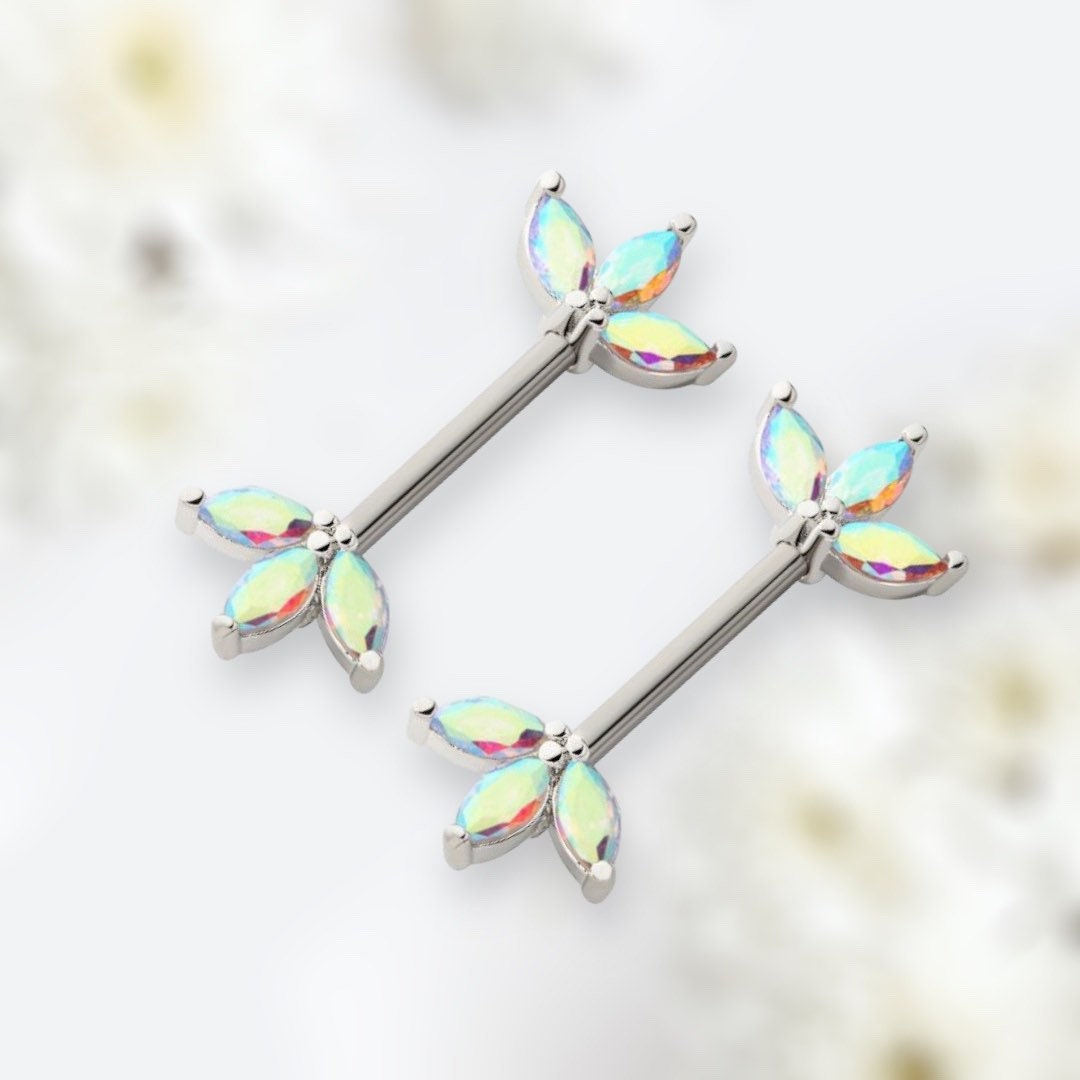 14G Silver Triple Multicolored Marquise Nipple Barbell. Nipple Rings. Nipple Jewelry. Nipple Piercing