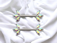 14G Silver Triple Multicolored Marquise Nipple Barbell. Nipple Rings. Nipple Jewelry. Nipple Piercing