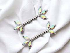 14G Silver Triple Multicolored Marquise Nipple Barbell. Nipple Rings. Nipple Jewelry. Nipple Piercing