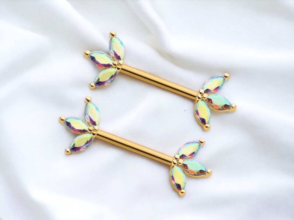 14G Gold Triple Multicolored Marquise Nipple Barbell. Nipple Rings. Nipple Jewelry. Nipple Piercing