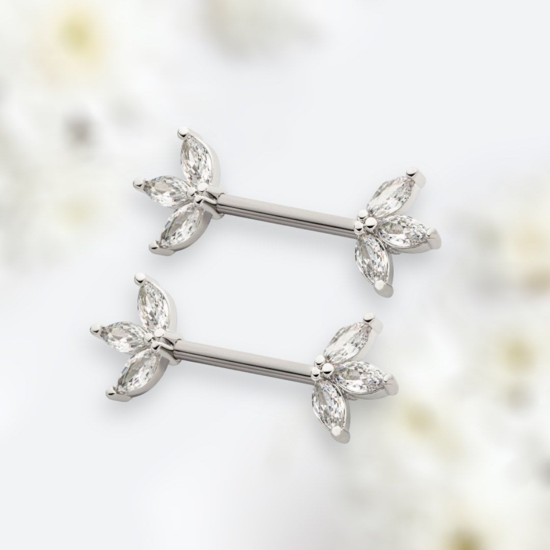 14G Silver Triple Marquise Gems Nipple Barbell. Nipple Rings. Nipple Jewelry. Nipple Piercing