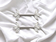 14G Silver Triple Marquise Gems Nipple Barbell. Nipple Rings. Nipple Jewelry. Nipple Piercing