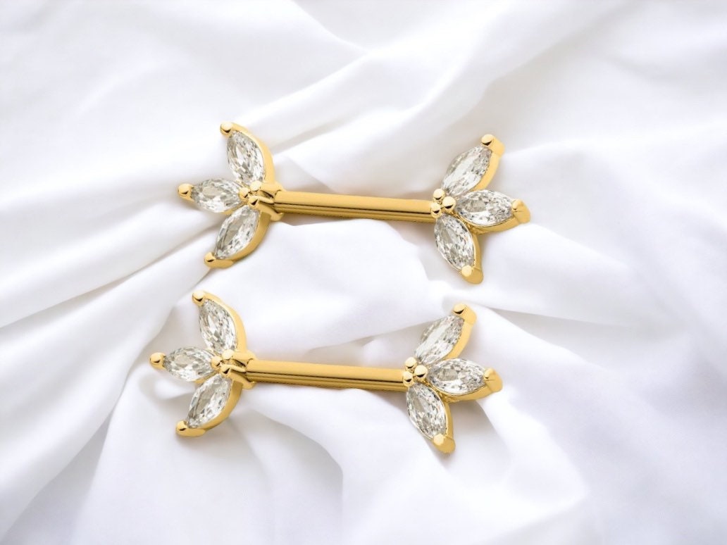 14G Gold Triple Marquise Gems Nipple Barbell. Nipple Rings. Nipple Jewelry. Nipple Piercing