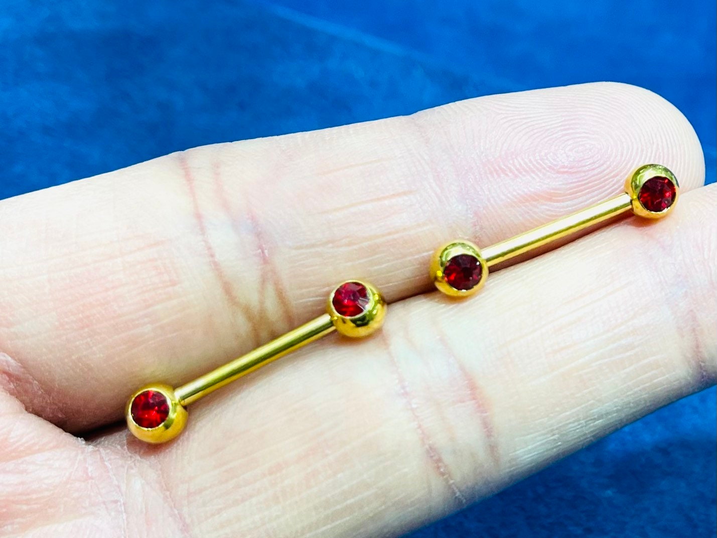 14G Gold Red Gems Nipple Jewelry Barbell. Nipple Piercing. Nipple Rings.