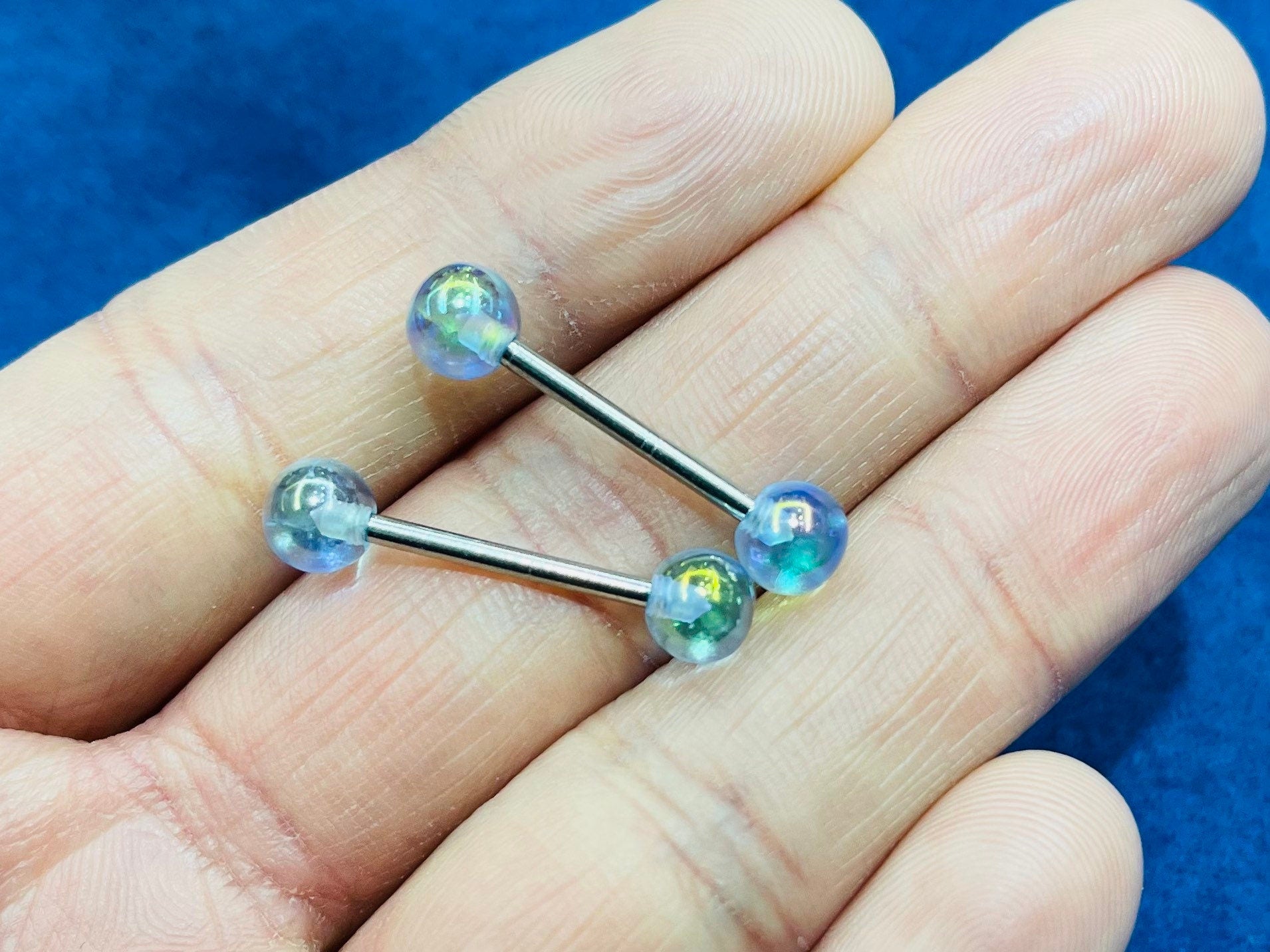 14G Blue Iridescent Clear Ball Ends Nipple Barbell. Nipple Jewelry. Nipple Piercing. Nipple Rings