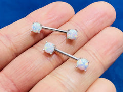 Pair of 14G White Opal Prong Set Nipple Barbell. Nipple Rings. Nipple Piercing. Nipple Jewelry.