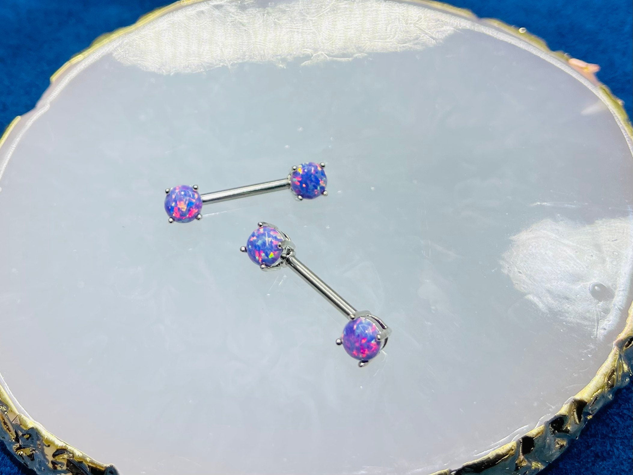 Pair of 14G Purple Opal Prong Set Nipple Barbell. Nipple Rings. Nipple Piercing. Nipple Jewelry.