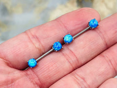 Pair of 14G Blue Opal Prong Set Nipple Barbell. Nipple Rings. Nipple Piercing. Nipple Jewelry.