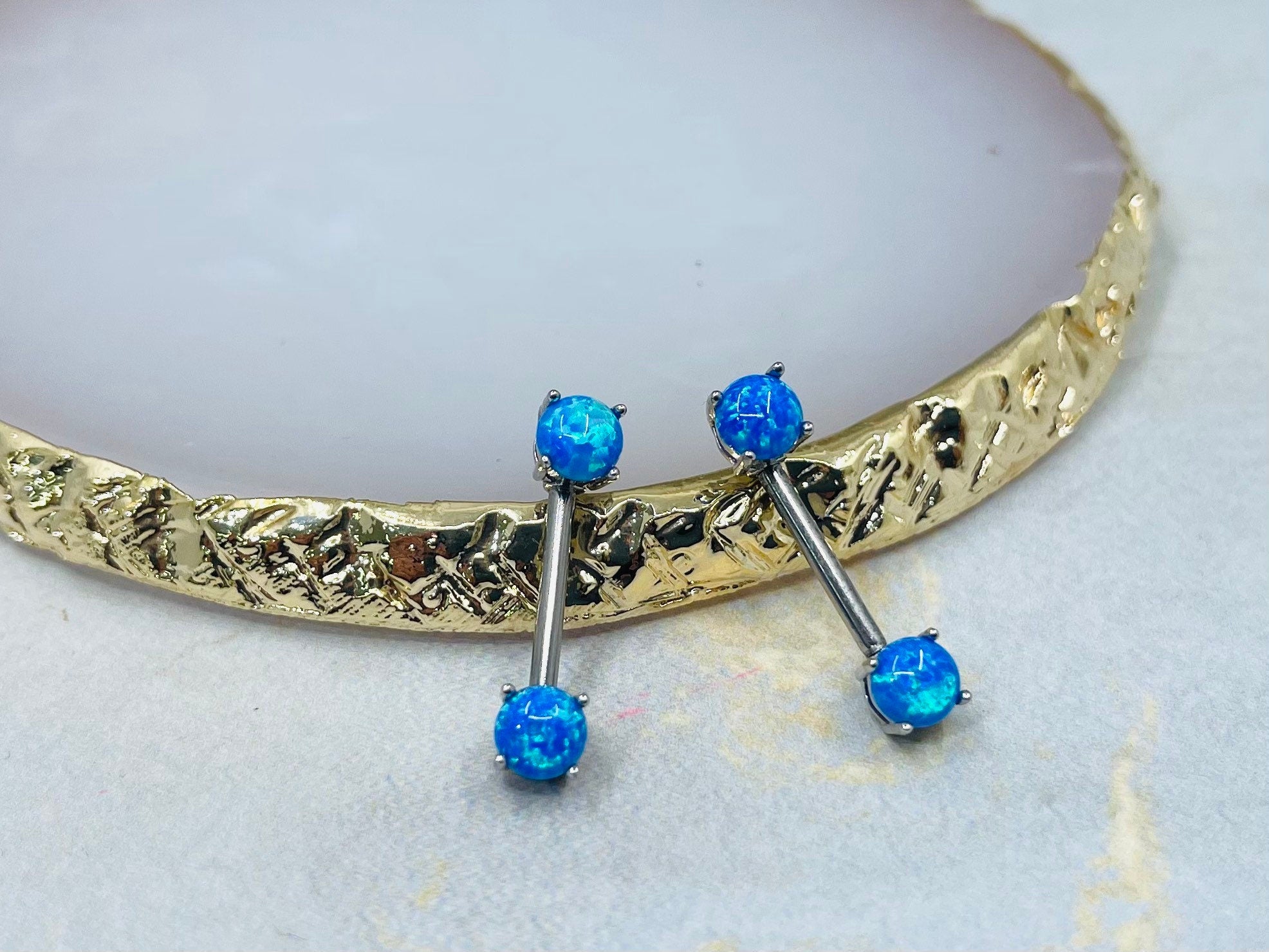 Pair of 14G Blue Opal Prong Set Nipple Barbell. Nipple Rings. Nipple Piercing. Nipple Jewelry.