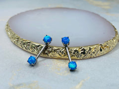 Pair of 14G Blue Opal Prong Set Nipple Barbell. Nipple Rings. Nipple Piercing. Nipple Jewelry.