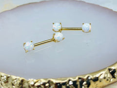 Pair of 14G Gold White Opal Prong Set Nipple Barbell. Nipple Rings. Nipple Piercing. Nipple Jewelry.