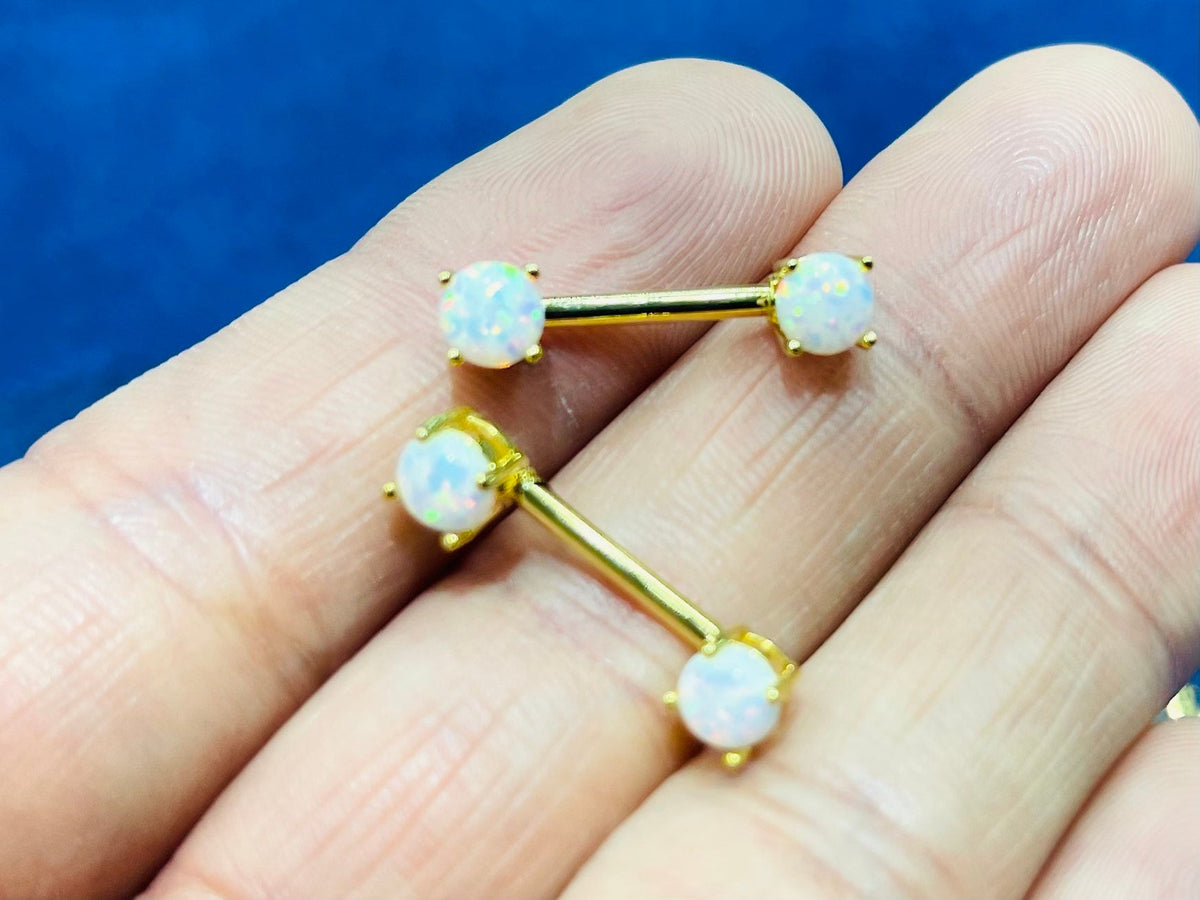 Pair of 14G Gold White Opal Prong Set Nipple Barbell. Nipple Rings. Nipple Piercing. Nipple Jewelry.