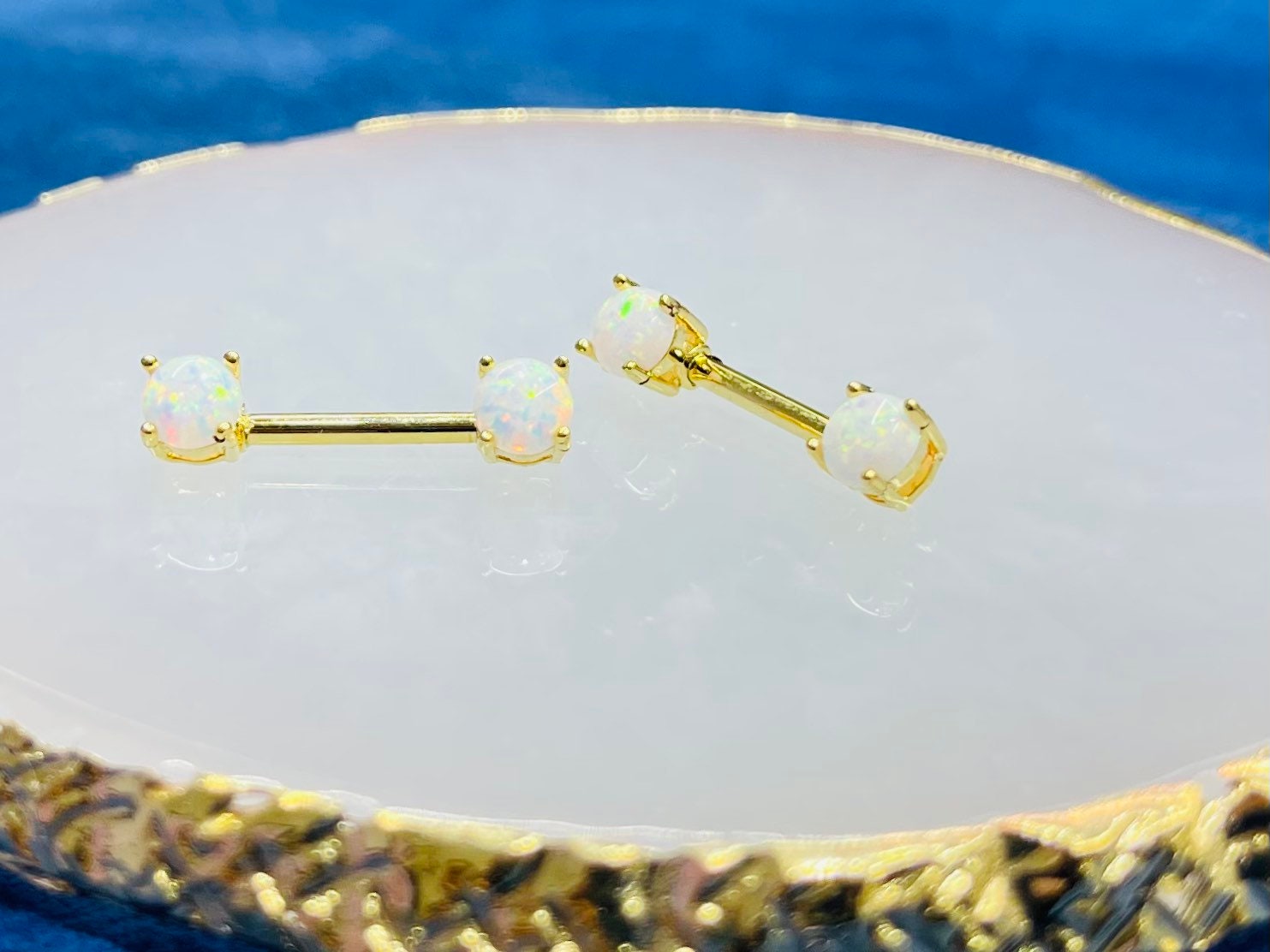 Pair of 14G Gold White Opal Prong Set Nipple Barbell. Nipple Rings. Nipple Piercing. Nipple Jewelry.