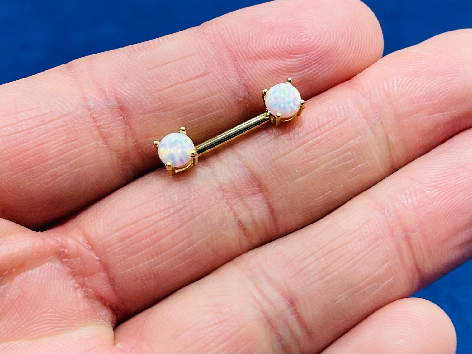 Pair of 14G Gold White Opal Prong Set Nipple Barbell. Nipple Rings. Nipple Piercing. Nipple Jewelry.