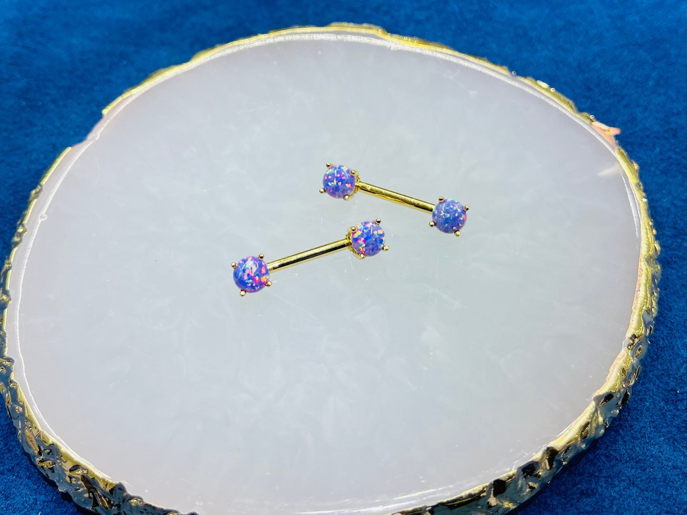 Pair of 14G Gold Purple Opal Prong Set Nipple Barbell. Nipple Rings. Nipple Piercing. Nipple Jewelry.