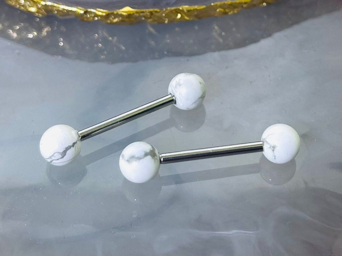 Pair of 14G White Marble Natural Stone Balls Nipple Barbell. Nipple Rings. Nipple Piercing. Nipple Jewelry