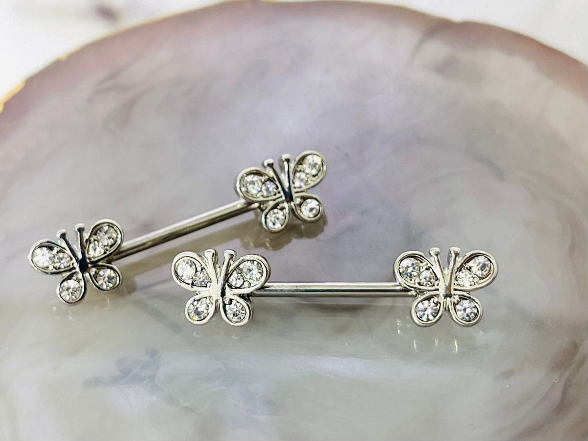 Pair of 14G Silver Clear Stones Butterfly Ends Nipple Barbell. Nipple Rings. Nipple Piercing. Nipple Jewelry