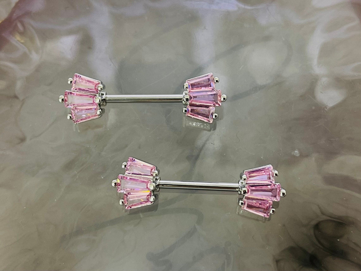 Pair of 14G Pink Fan Nipple Barbell Jewelry for Woman. Nipple Piercing. Nipple Jewelry. Nipple Rings