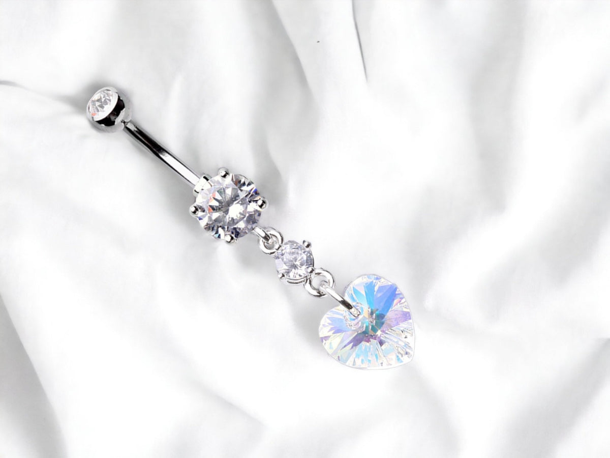 Dainty Silver Heart Dangling Belly Button Ring. Fancy Belly Ring.