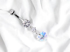 Dainty Silver Heart Dangling Belly Button Ring. Fancy Belly Ring.