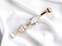 Dainty Gold Teardrop Pearl Dangling Belly Button Ring Jewelry • Belly Ring, Belly Piercing