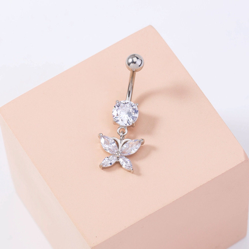 14G Silver Dangling Butterfly Dangling Belly Button Ring