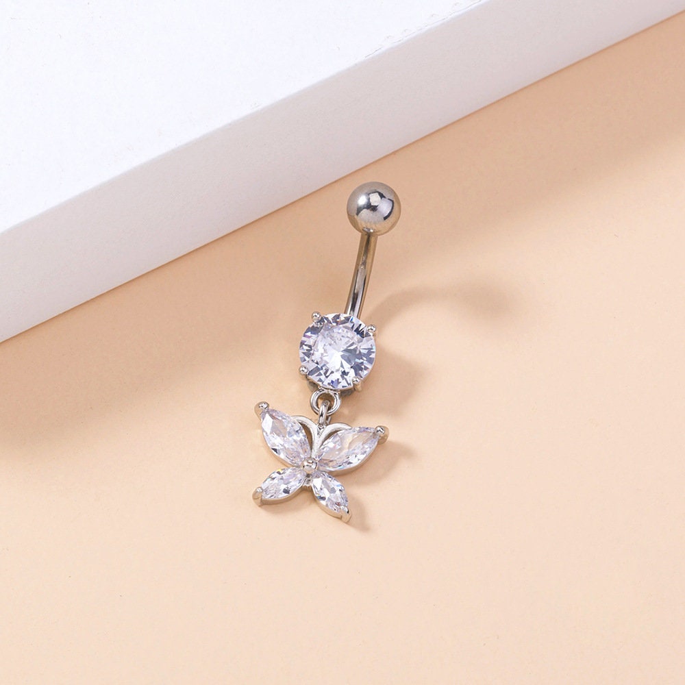 14G Silver Dangling Butterfly Dangling Belly Button Ring