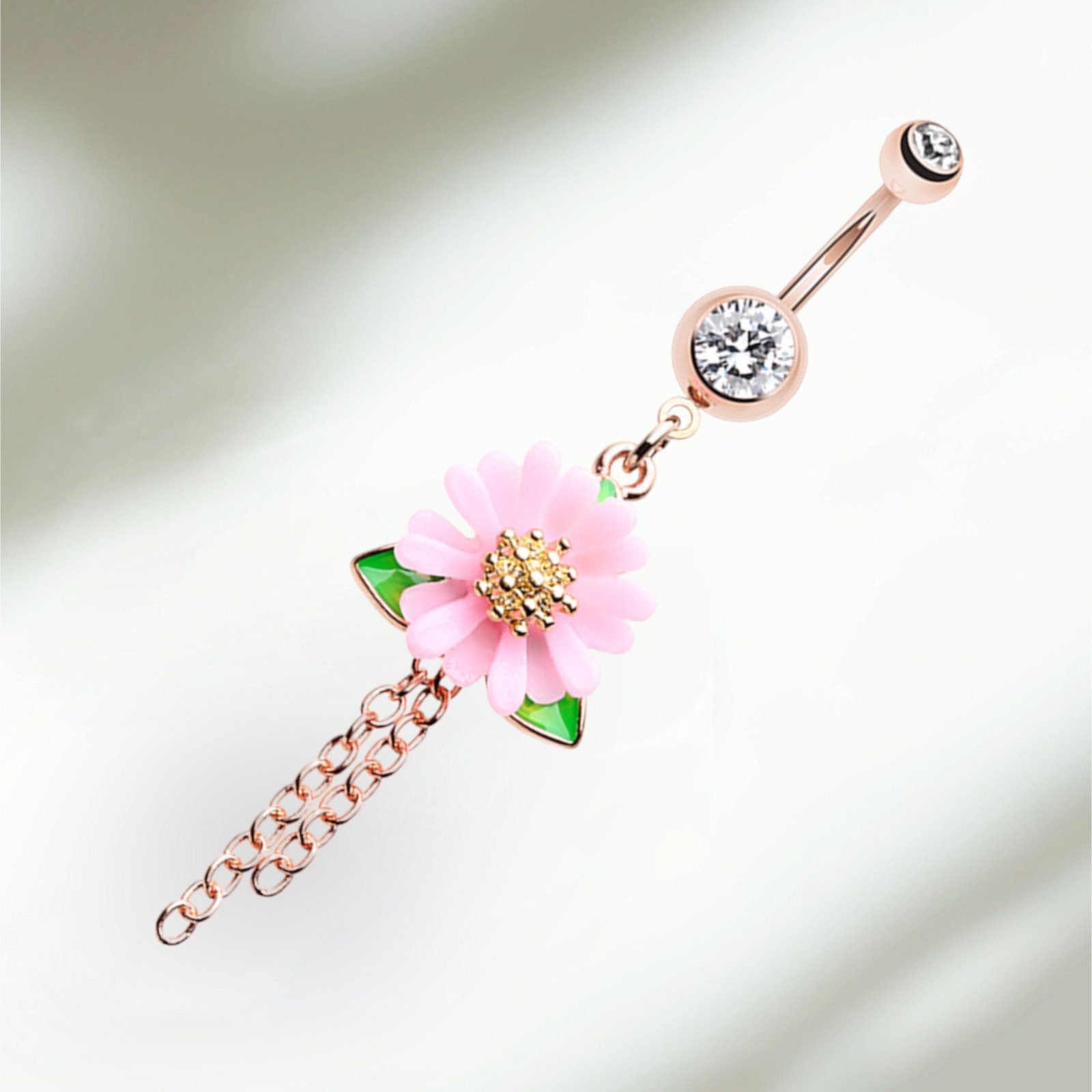 Rose Gold Pink Flower Dangling Chain Dangling Belly Button Ring