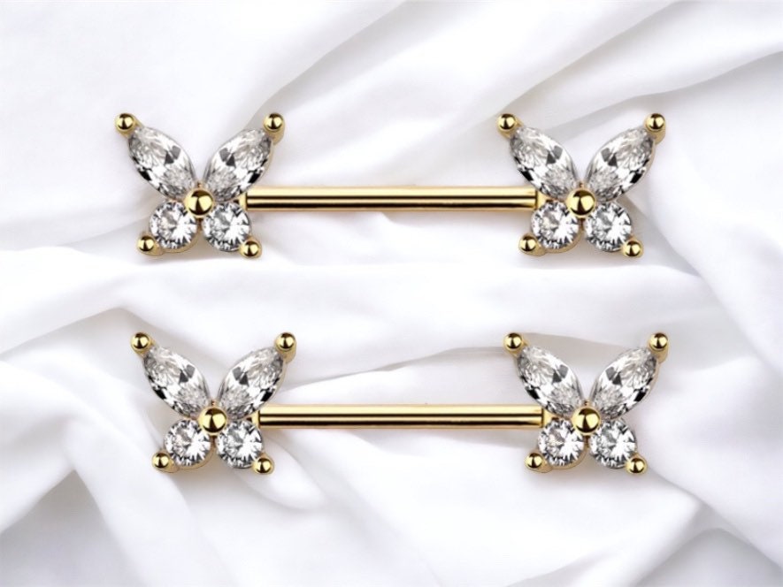 Pair of 14G Gold Sparkle Clear Gems Butterfly Nipple Barbells