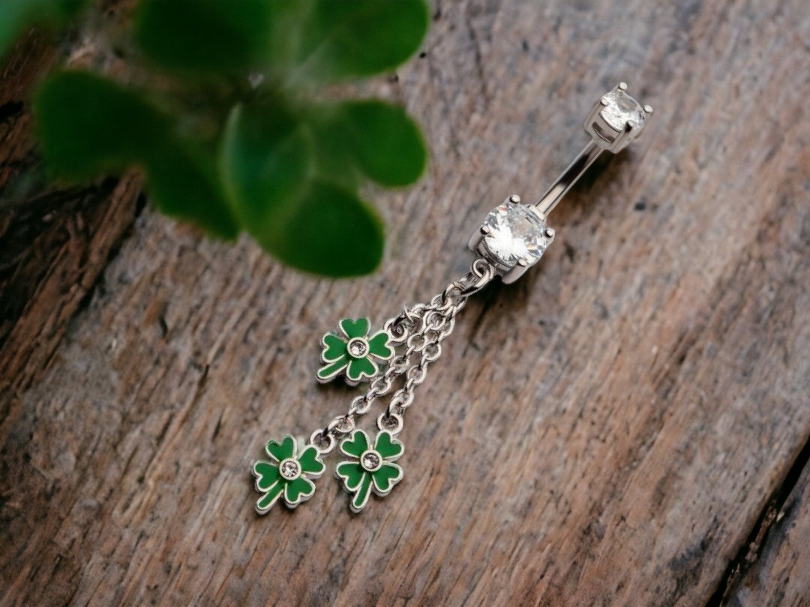 Green Clover Enamel Dangling Belly Button Ring