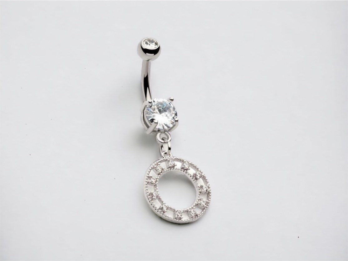 Silver Circle Clear Gems Dangling Belly Button Ring