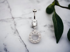 Silver Circle Clear Gems Dangling Belly Button Ring