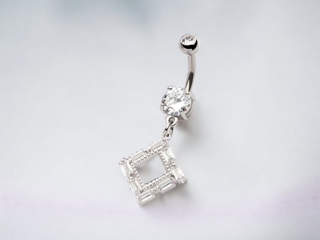 Silver Baguette Gems Diamond Shape Dangling Belly Button Ring Piercing