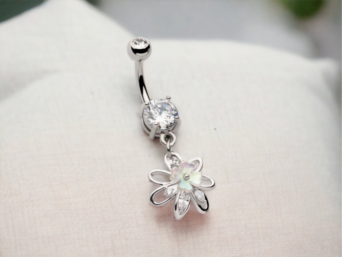 14G Silver Multi Gem Flower White Clover Dangling Belly Button Ring