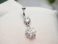 14G Silver Multi Gem Flower White Clover Dangling Belly Button Ring