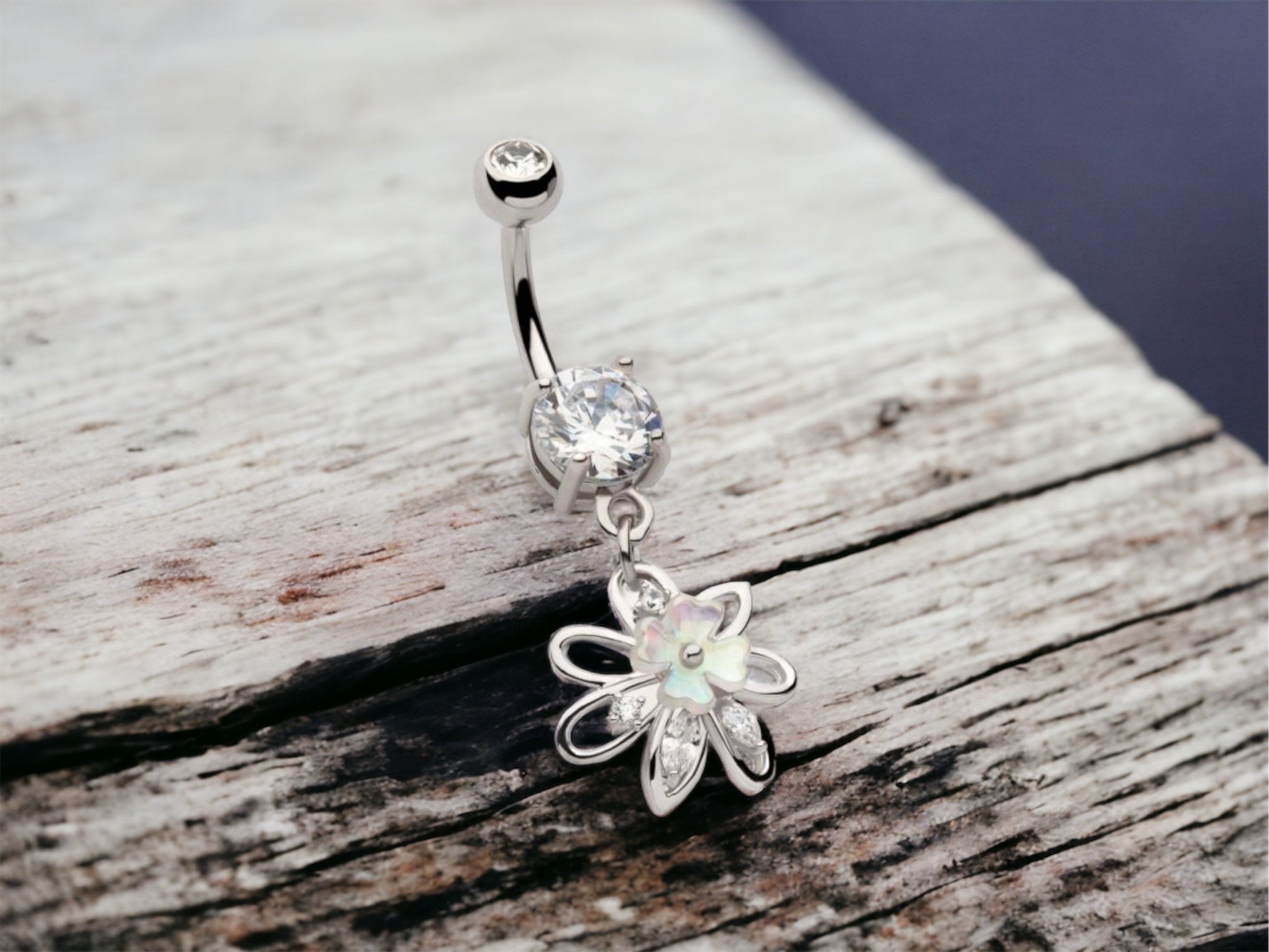 14G Silver Multi Gem Flower White Clover Dangling Belly Button Ring