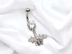 14G Silver Multi Gem Wings Bee Dangling Belly Button Ring