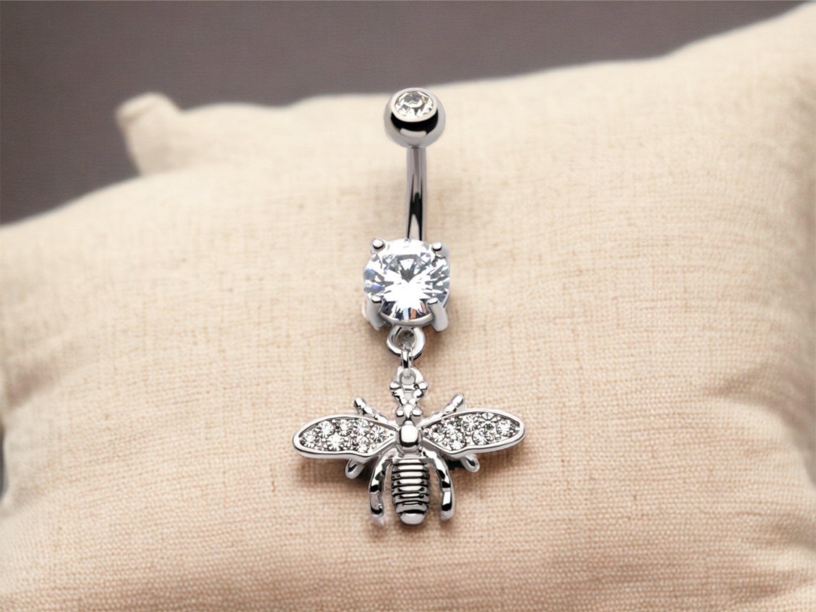 14G Silver Multi Gem Wings Bee Dangling Belly Button Ring