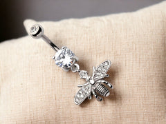 14G Silver Multi Gem Wings Bee Dangling Belly Button Ring