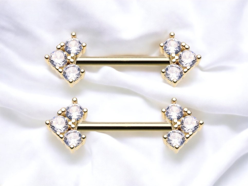 Pair of 14G Gold Elegant Sparkling Triple Gem Nipple Barbells. Nipple Rings. Nipple Piercing. Nipple Jewelry. Body Jewelry.