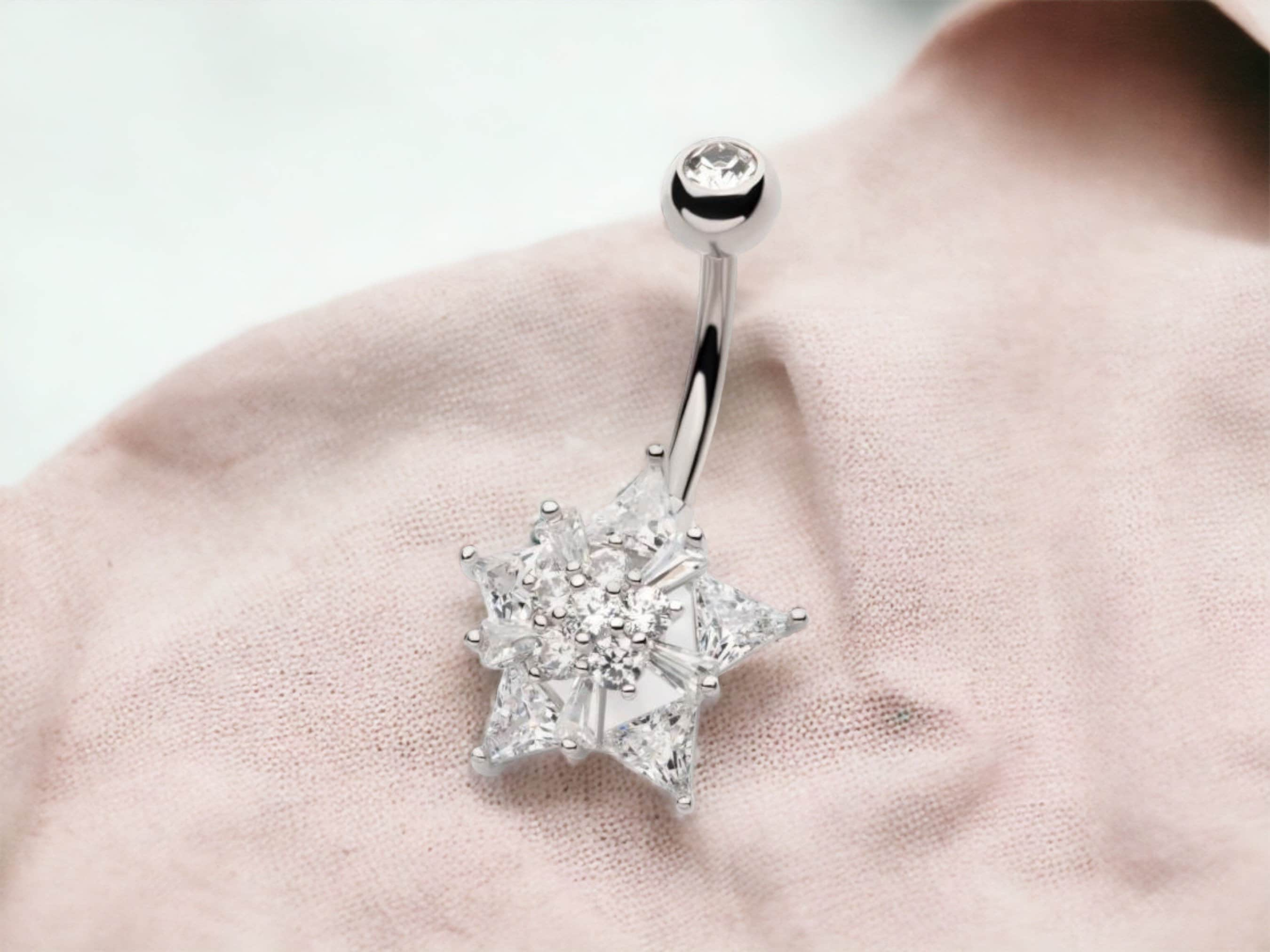 Silver Multi Stone Star Flower Belly Button Ring