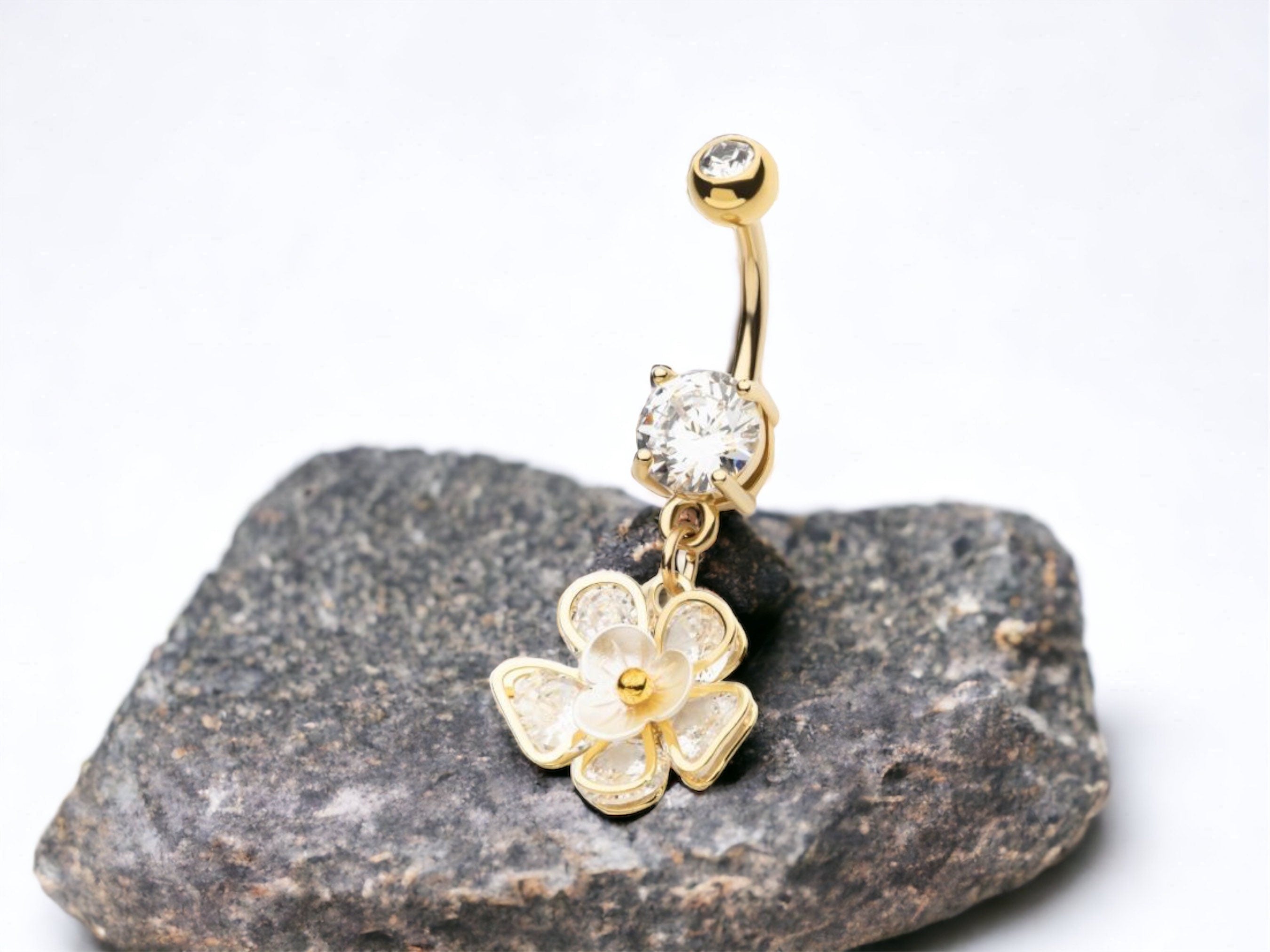 Dangling Dainty Flower Petals Clear Gems Belly Button Ring • Flower Belly Ring • Rose Belly Ring •