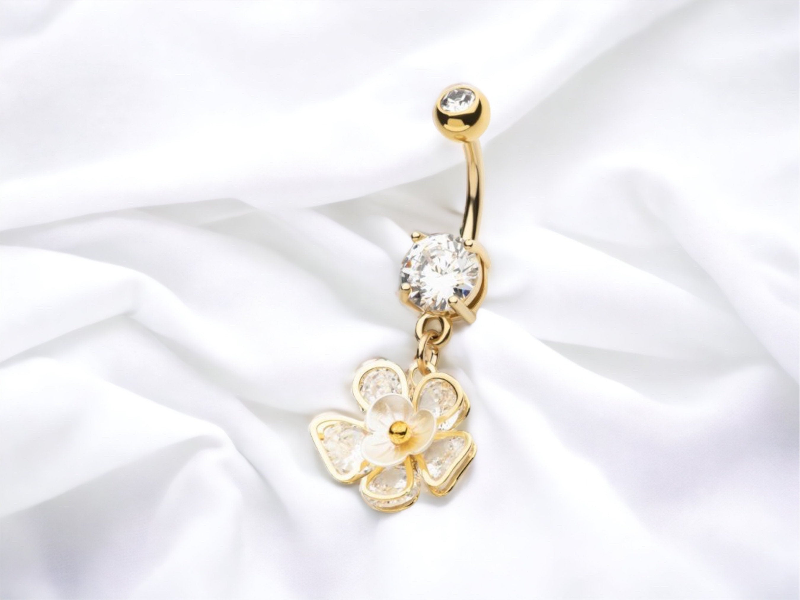 Dangling Dainty Flower Petals Clear Gems Belly Button Ring • Flower Belly Ring • Rose Belly Ring •