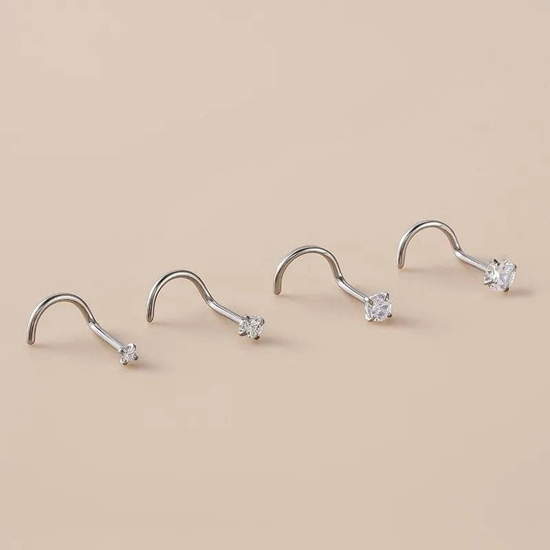 Titanium Corkscrew Nose Stud • Clear Gem Nose Ring • Corkscrew Nose Ring • Simple Nose Piercing